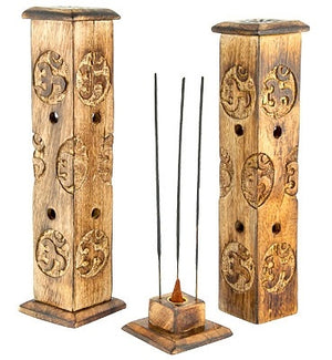 Om Symbol Wooden Tower Sticks/Cone Burner - 12"H - Sold as as Set of  2